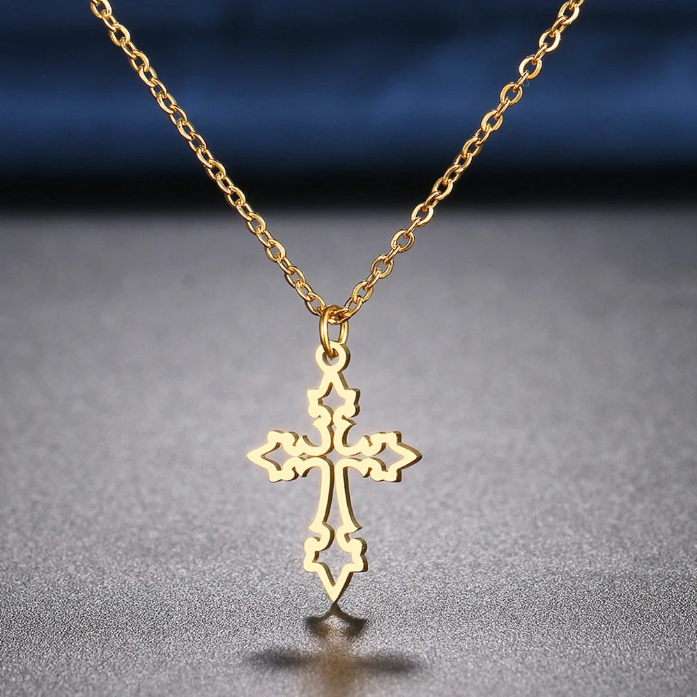 Vintage Cross Pendant Stainless Steel Necklace for Women