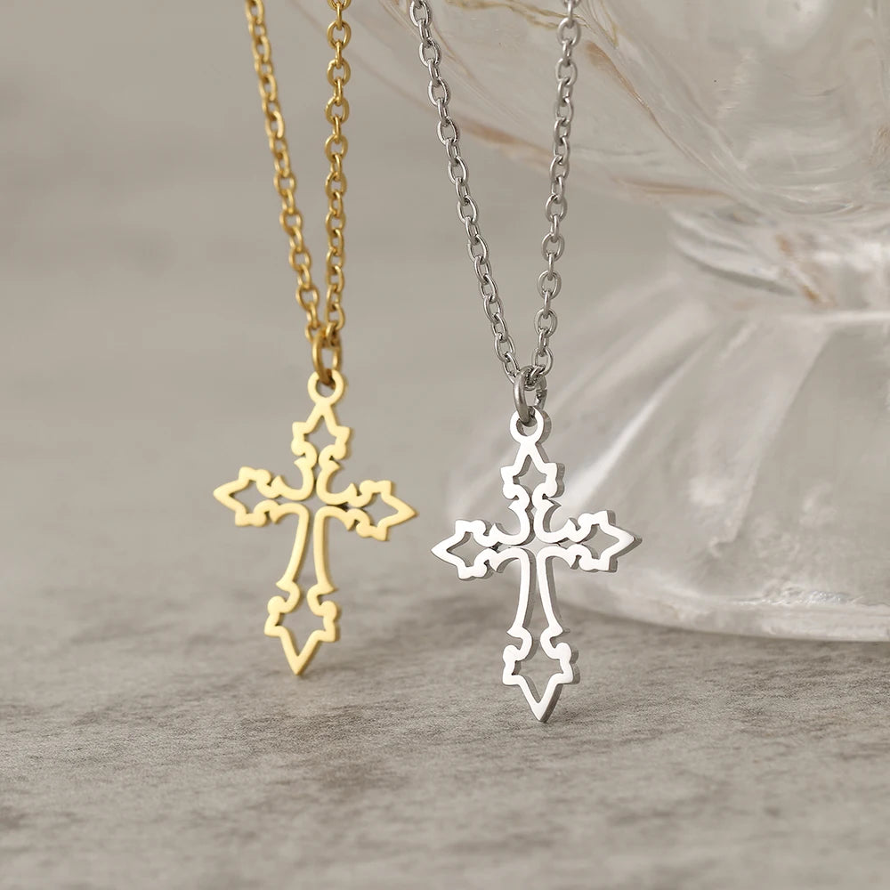 Vintage Cross Pendant Stainless Steel Necklace for Women