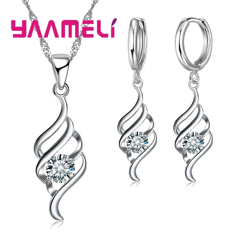 Women’s Jewelry Set – Sterling Silver Charm Pendant Necklace & Hoop Earrings