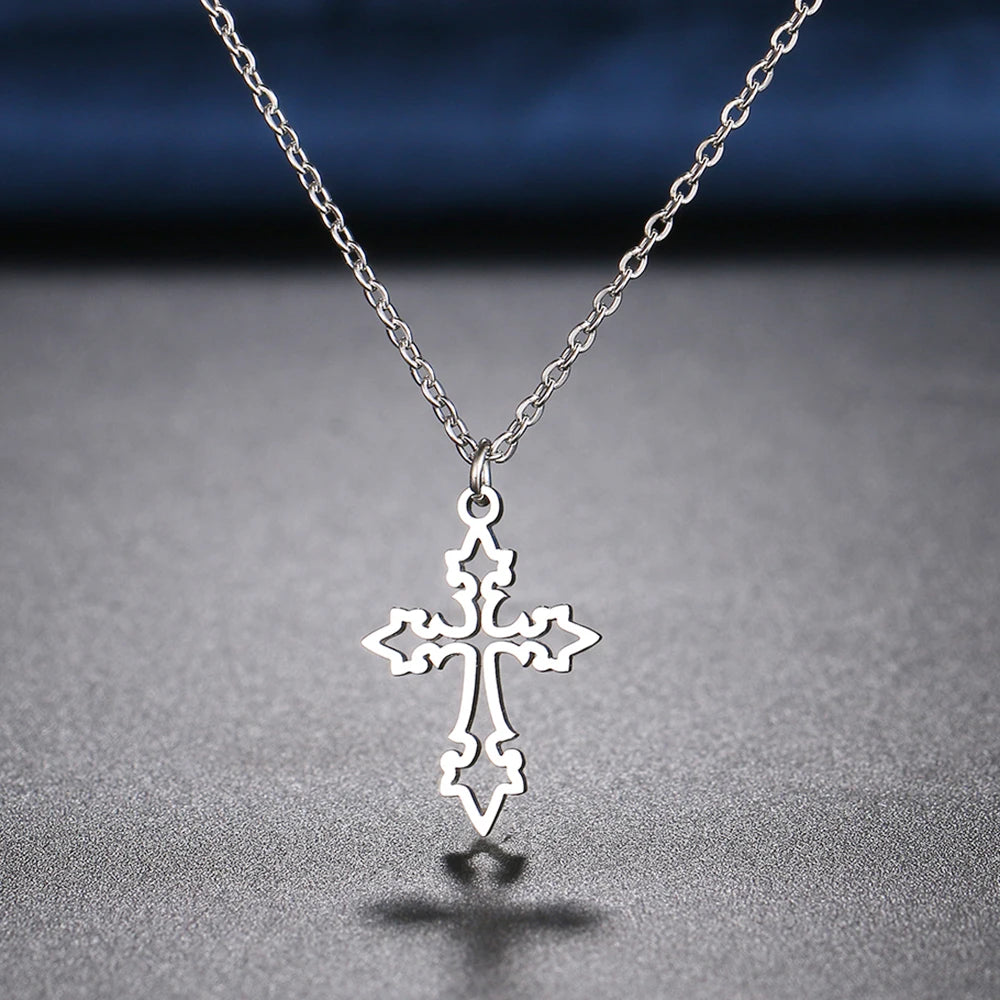 Vintage Cross Pendant Stainless Steel Necklace for Women