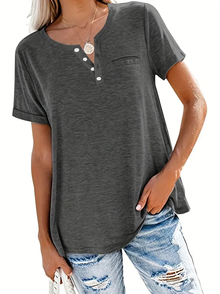 Plus Size V-Neck Pocket T-Shirt – Casual Loose Fit Short Sleeve Top
