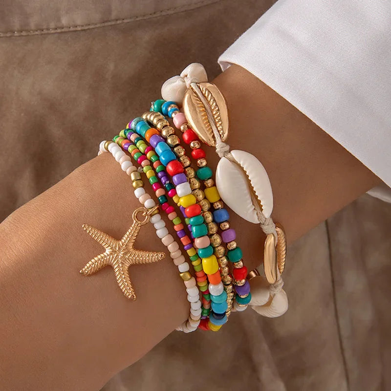7Pcs Boho Starfish & Shell Beaded Bracelet Set for Women