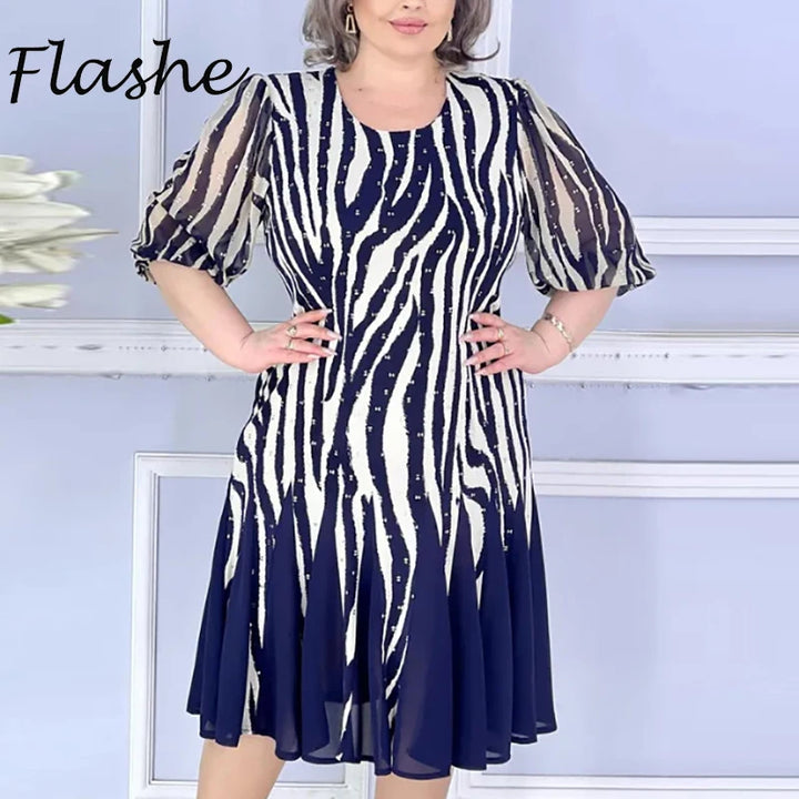 Elegant Blue Vintage Print Summer Dress – Half Sleeve, Plus Size
