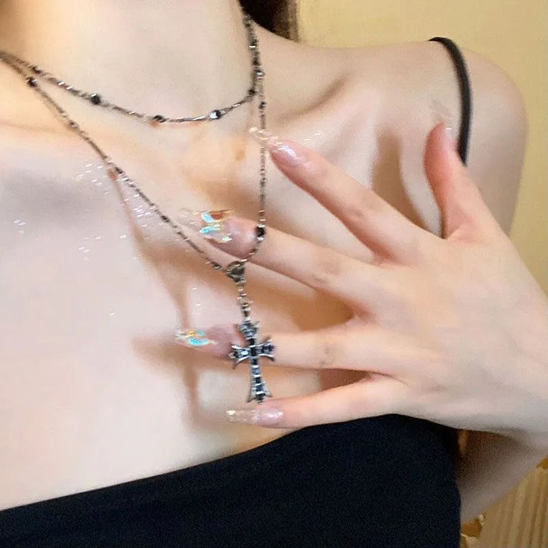 Summer Black Rhinestone Cross Jesus Pendant Choker Necklace