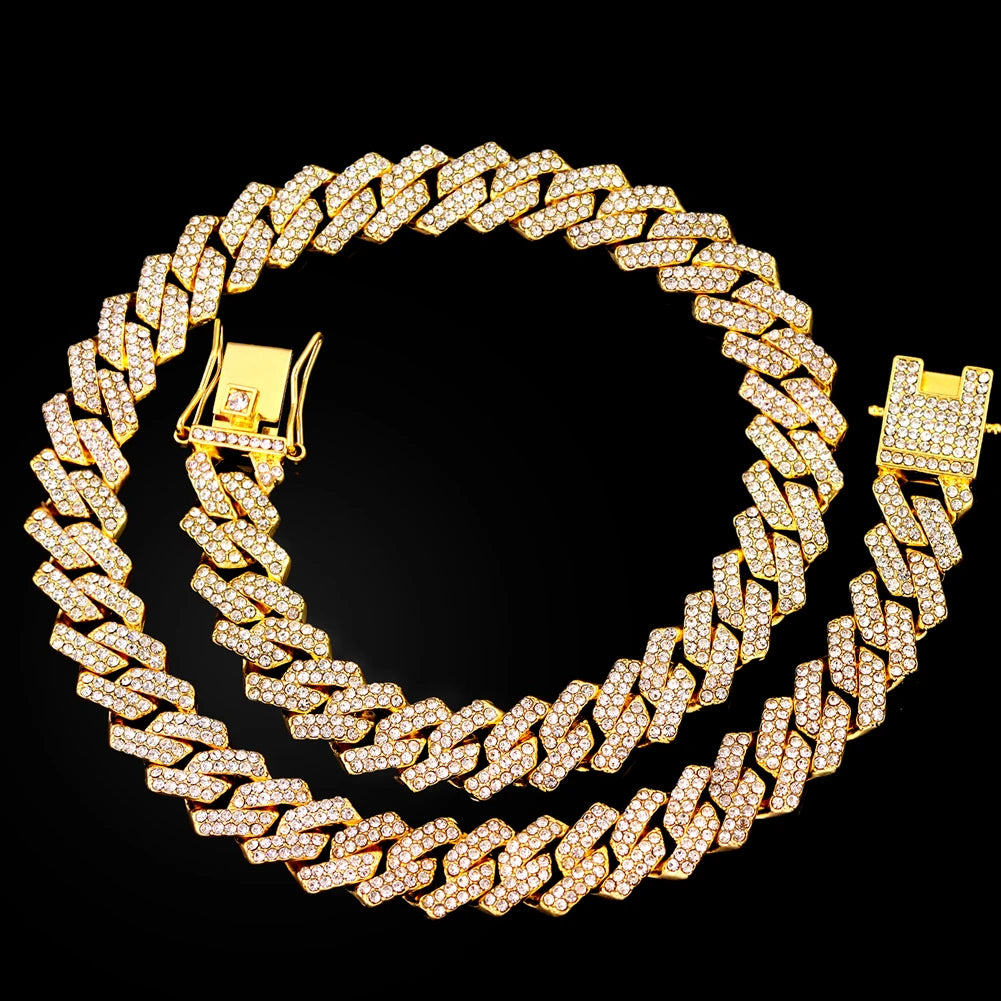 Gold Cuban Link Chain – 2-Row Rhinestone Prong Necklace for Men & Women