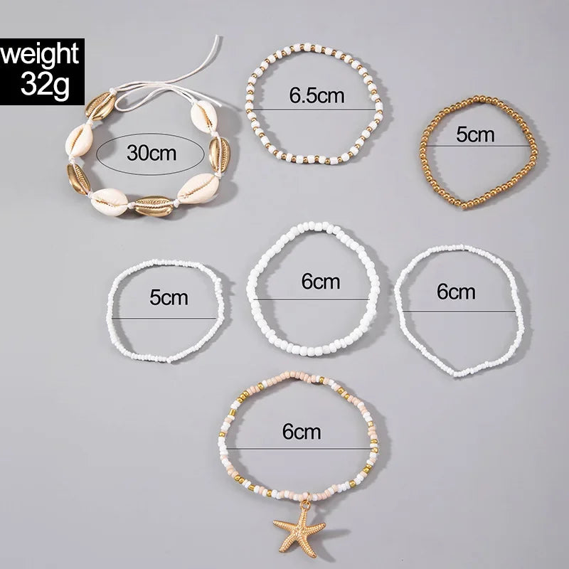 7Pcs Boho Starfish & Shell Beaded Bracelet Set for Women