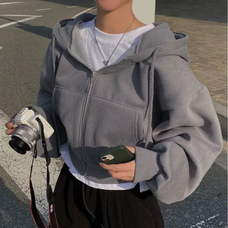 Women’s Zip Up Hoodie – Autumn Winter Casual Streetwear Crop Sweatshirt