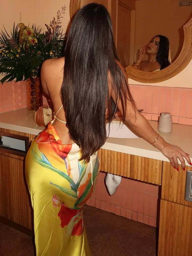 Weird Puss Floral Print Backless Lace-Up Dress