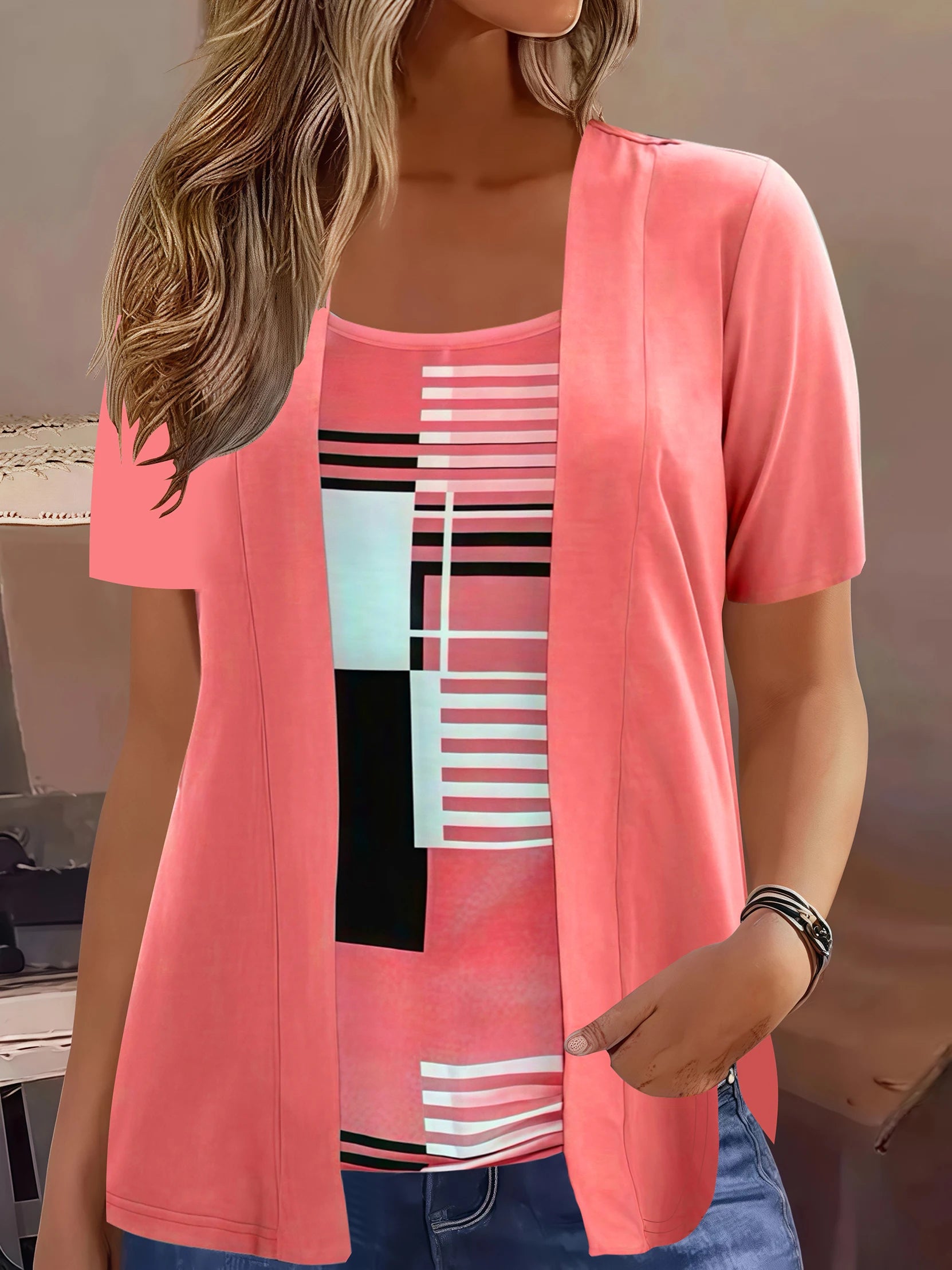 Plus Size Geometric Print T-Shirt – Summer Casual Patchwork Top