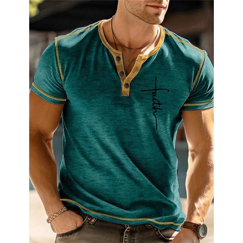 Men’s Summer Faith Letter 3D Print Henley Shirt