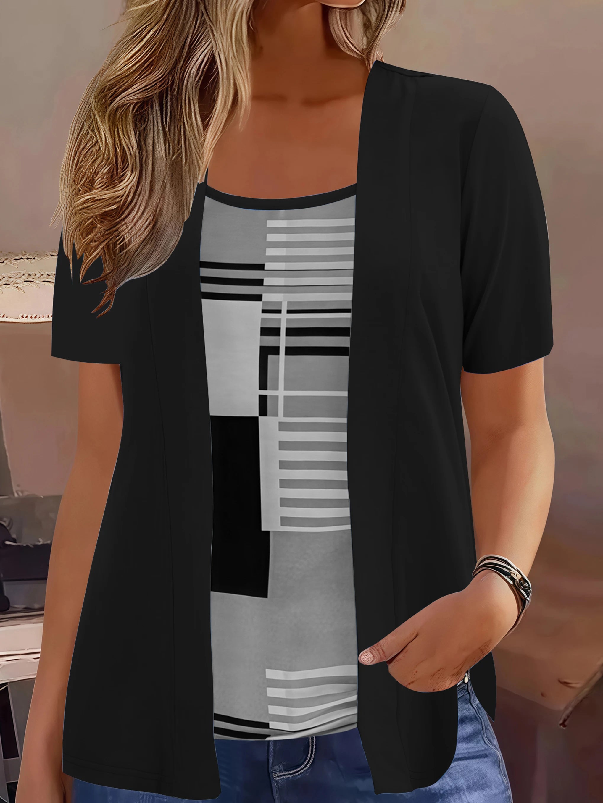 Plus Size Geometric Print T-Shirt – Summer Casual Patchwork Top
