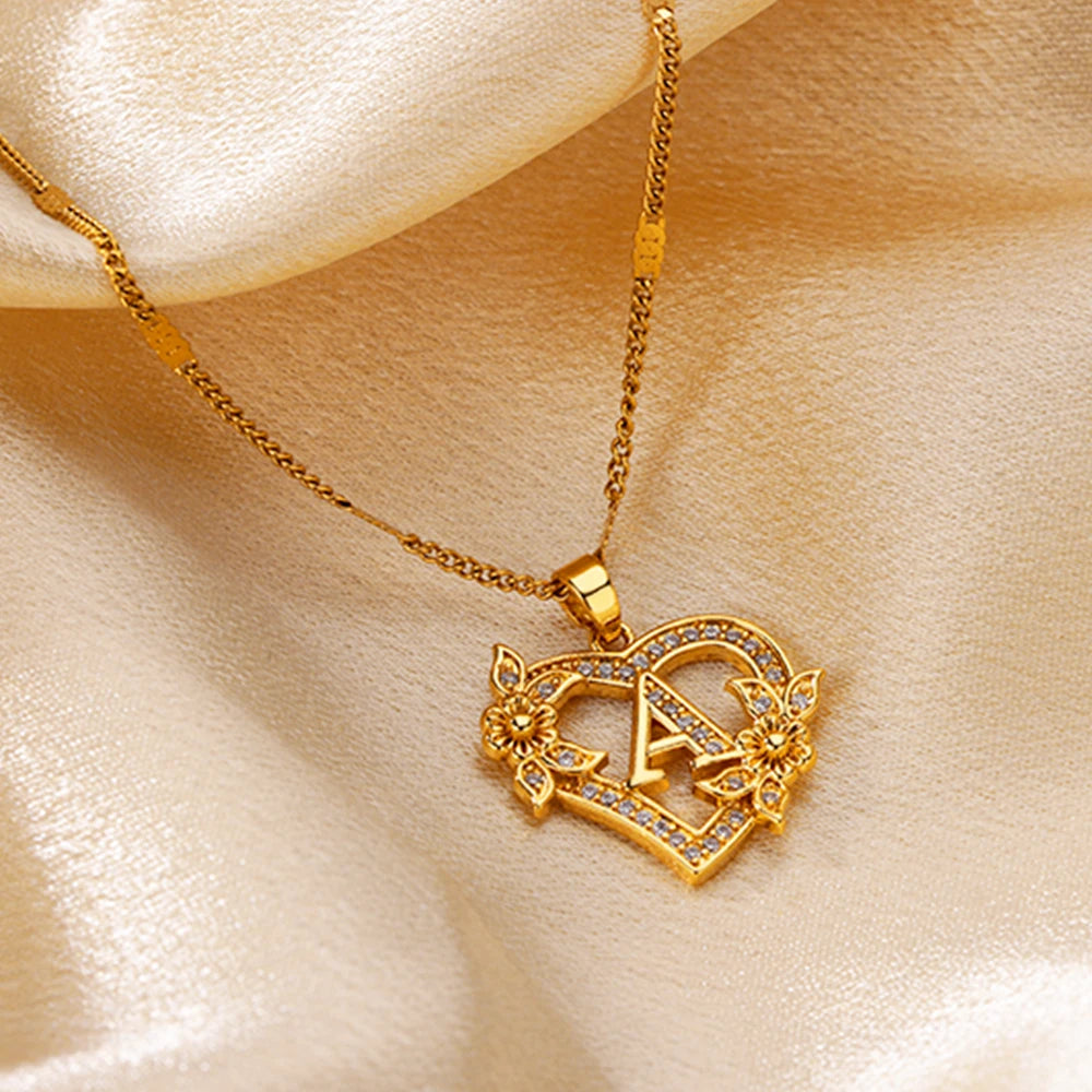 Heart Initial Necklace – A–Z Alphabet Pendant in Gold Stainless Steel