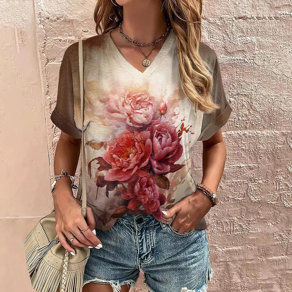 Women’s Summer Flower Print V-Neck T-Shirt