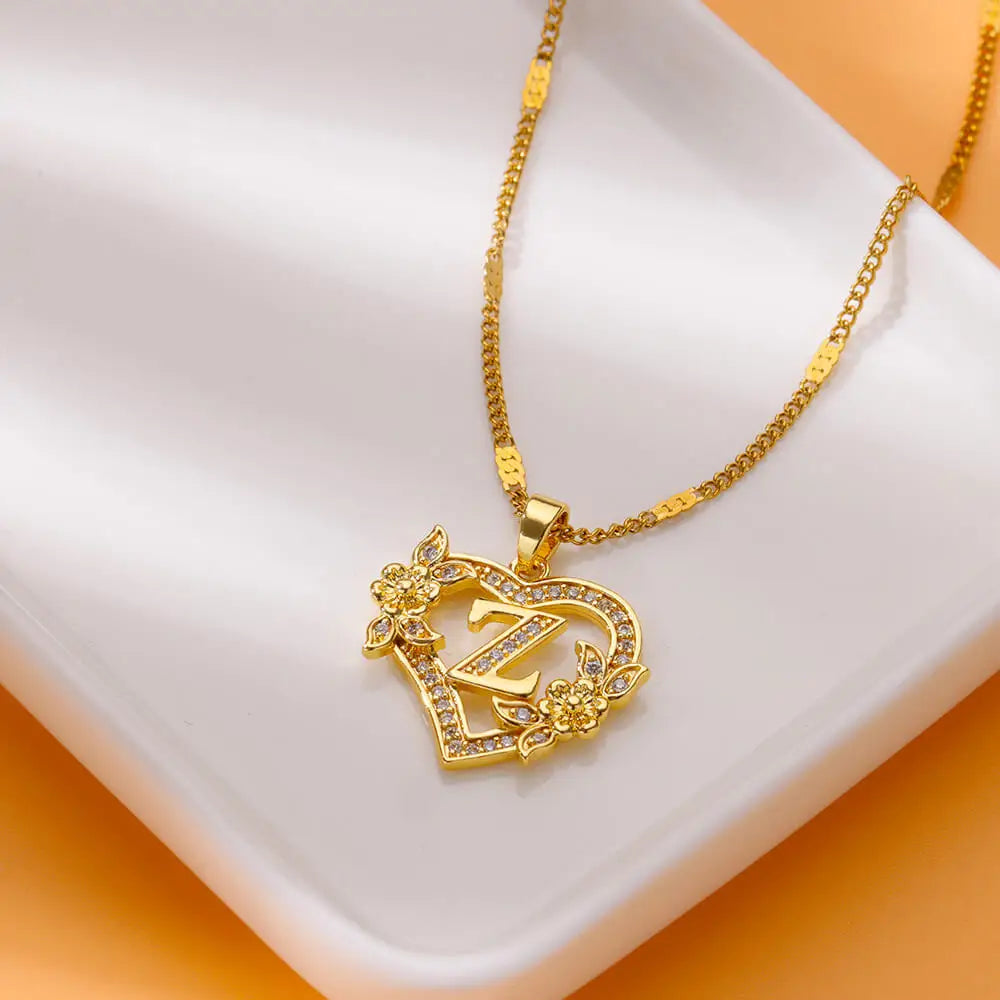Heart Initial Necklace – A–Z Alphabet Pendant in Gold Stainless Steel