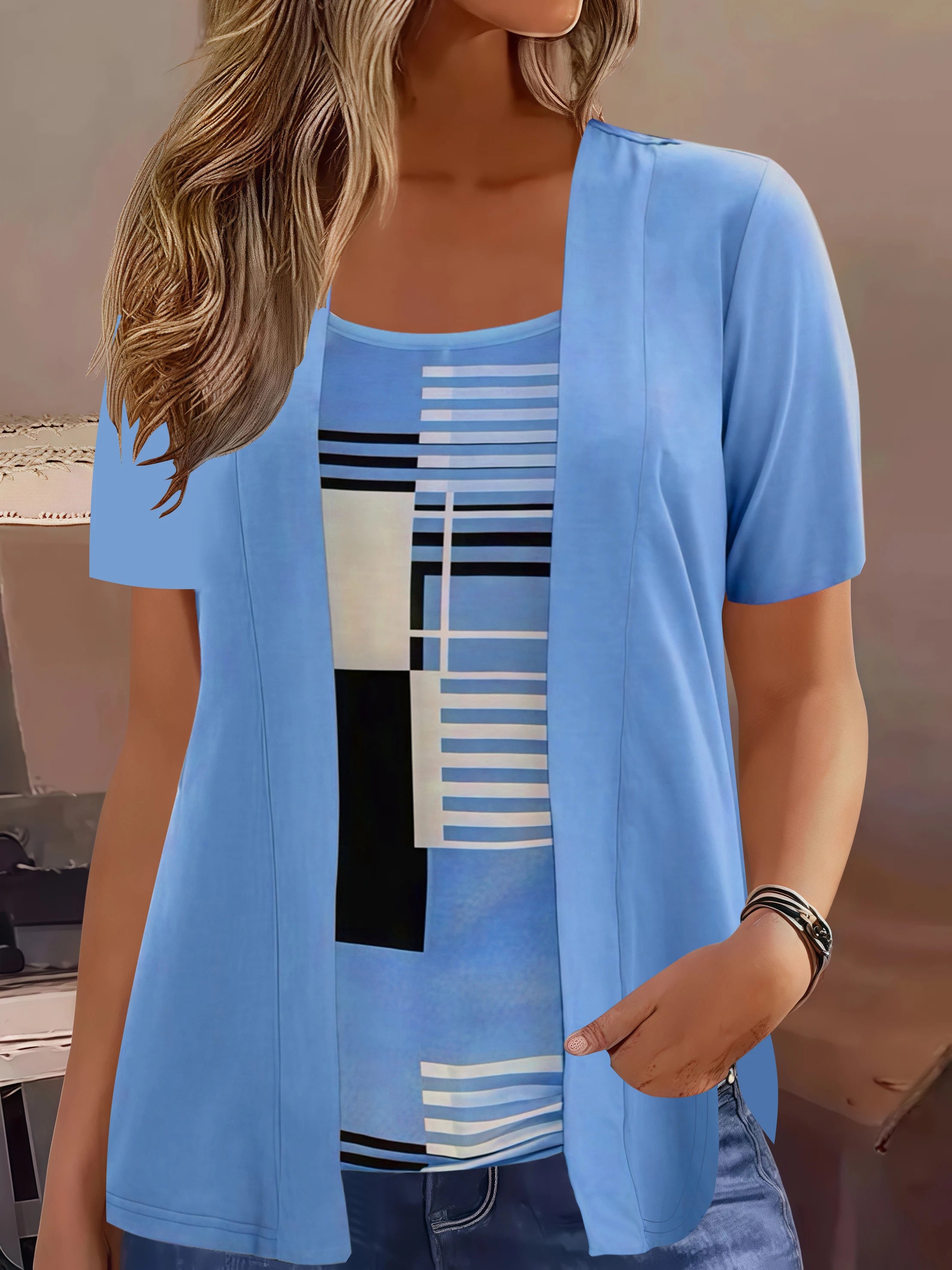 Plus Size Geometric Print T-Shirt – Summer Casual Patchwork Top