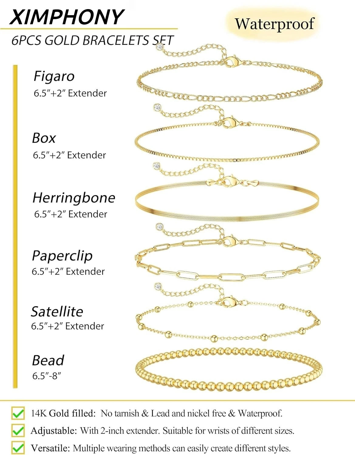 14K Gold Plated Waterproof Bracelets for Women