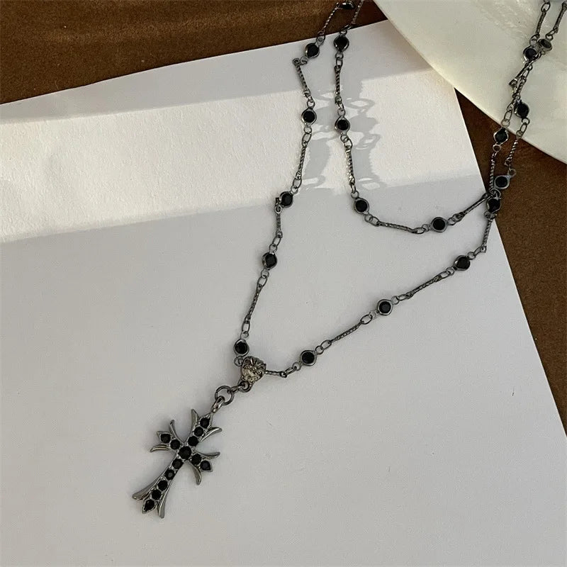 Summer Black Rhinestone Cross Jesus Pendant Choker Necklace