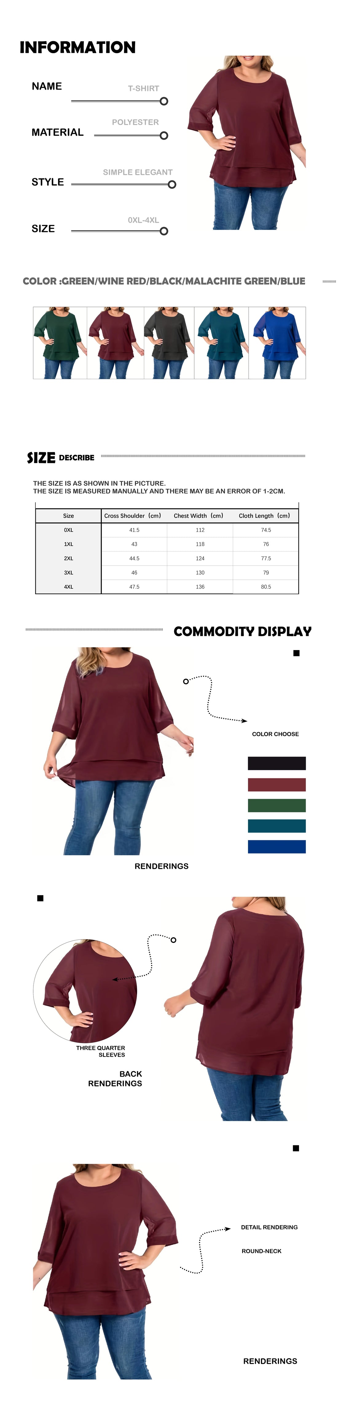 Plus Size Double Layer Chiffon Top – Three-Quarter Sleeve Round Neck