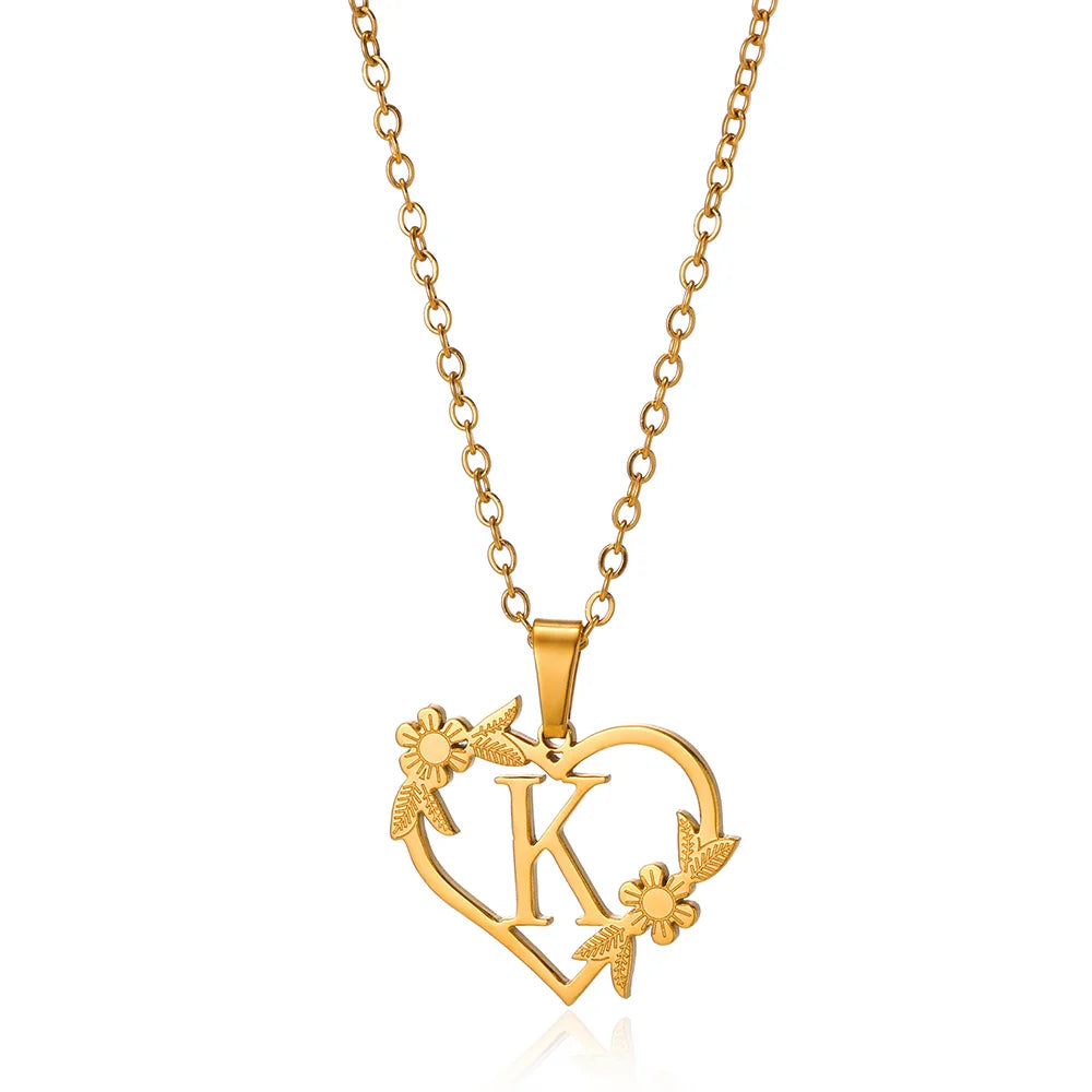 Heart Initial Necklace – A–Z Alphabet Pendant in Gold Stainless Steel