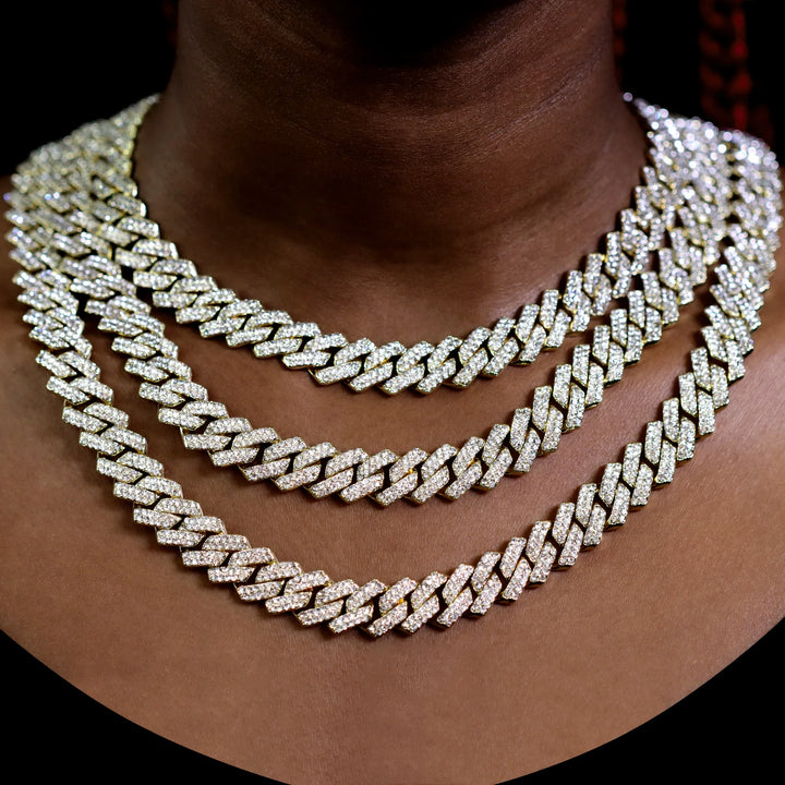 Gold Cuban Link Chain – 2-Row Rhinestone Prong Necklace for Men & Women