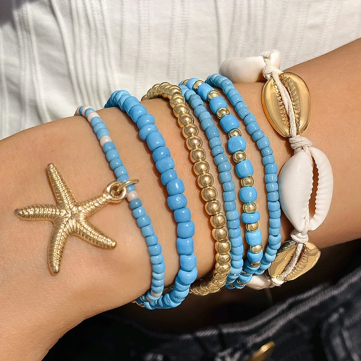 7Pcs Boho Starfish & Shell Beaded Bracelet Set for Women