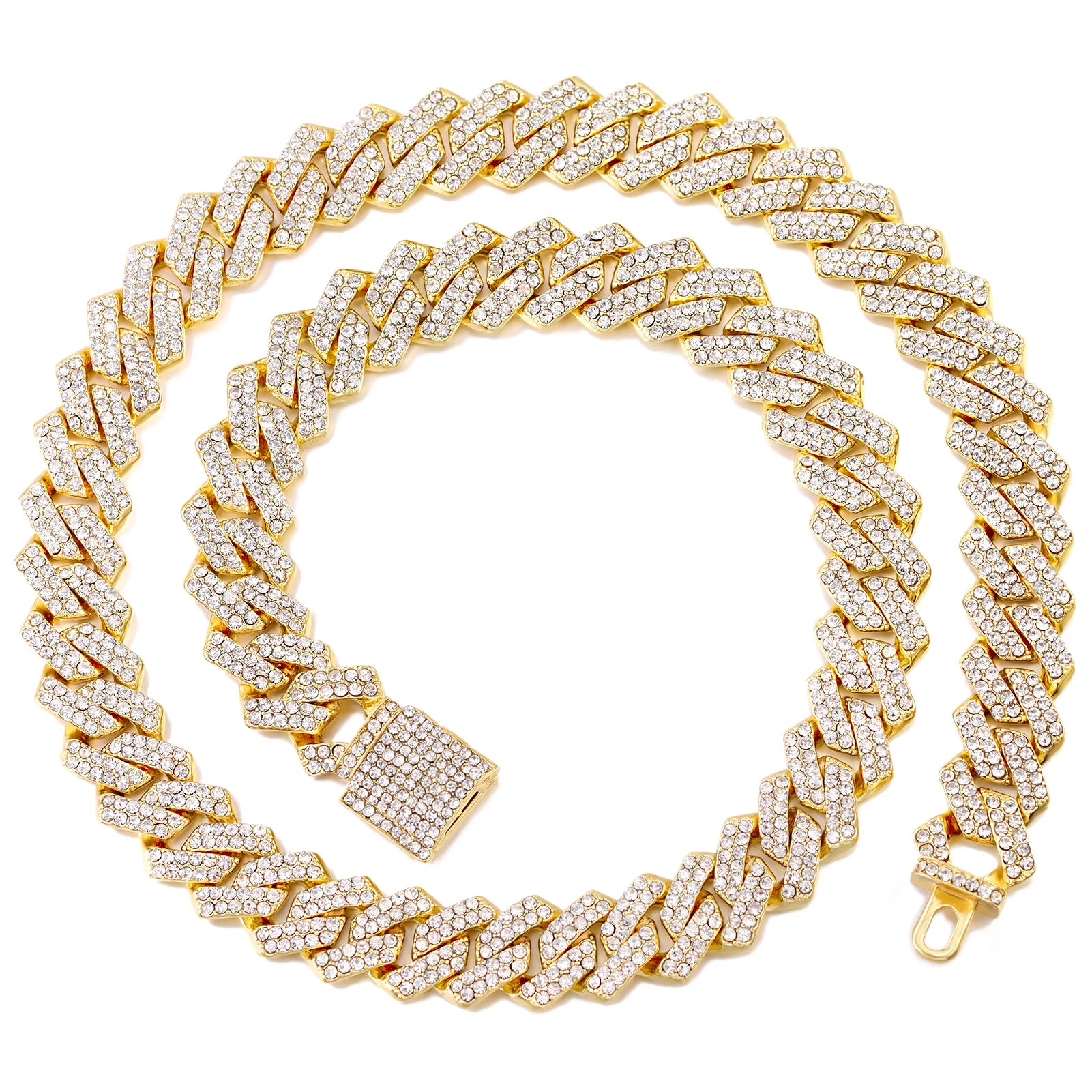 Gold Cuban Link Chain – 2-Row Rhinestone Prong Necklace for Men & Women