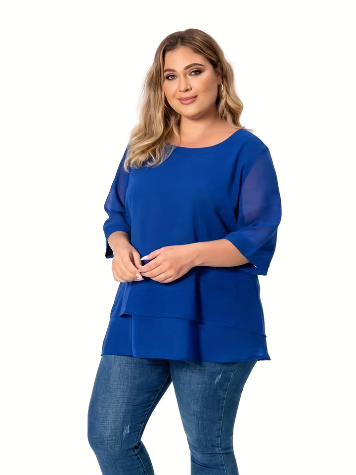 Plus Size Double Layer Chiffon Top – Three-Quarter Sleeve Round Neck