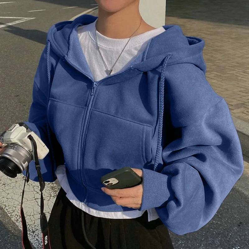 Women’s Zip Up Hoodie – Autumn Winter Casual Streetwear Crop Sweatshirt