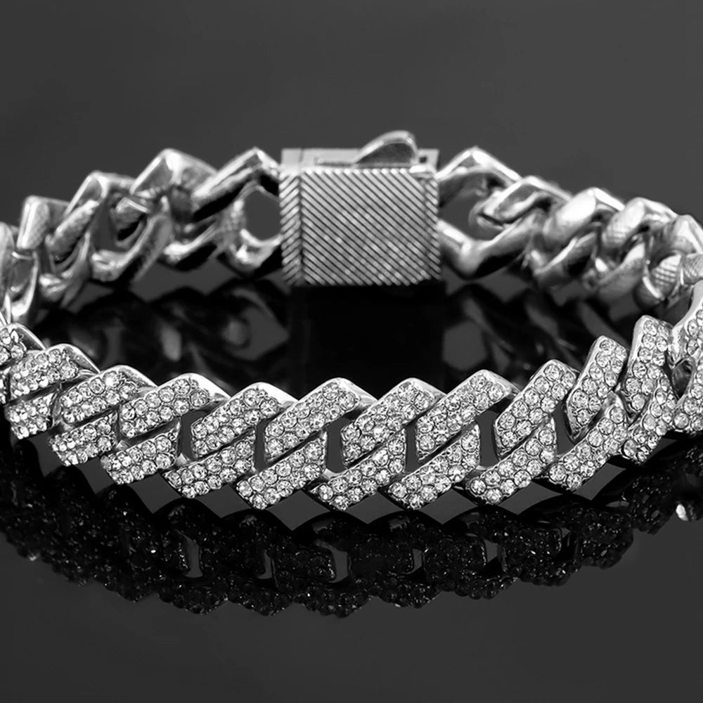 Gold Cuban Link Chain – 2-Row Rhinestone Prong Necklace for Men & Women