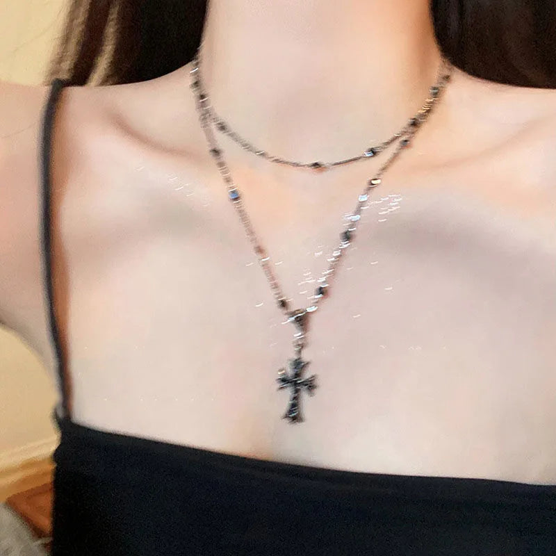 Summer Black Rhinestone Cross Jesus Pendant Choker Necklace