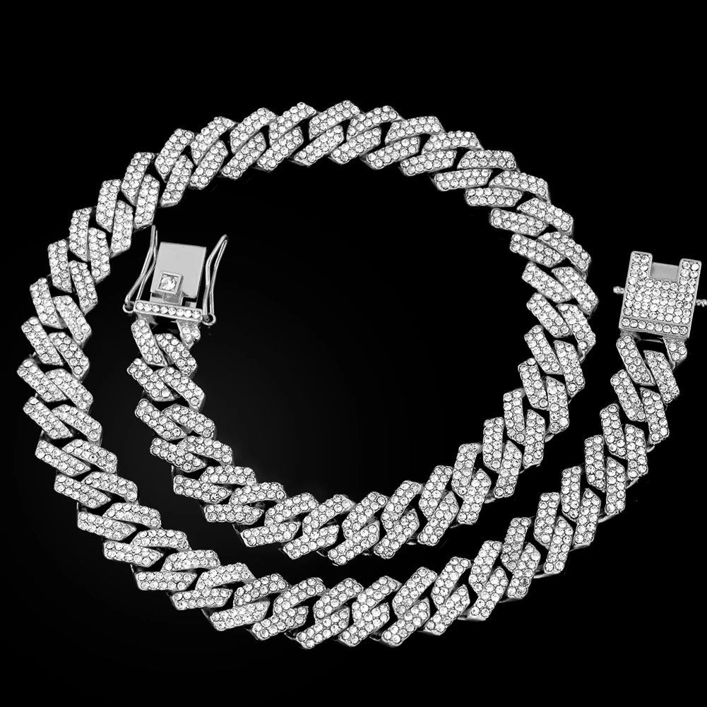 Gold Cuban Link Chain – 2-Row Rhinestone Prong Necklace for Men & Women