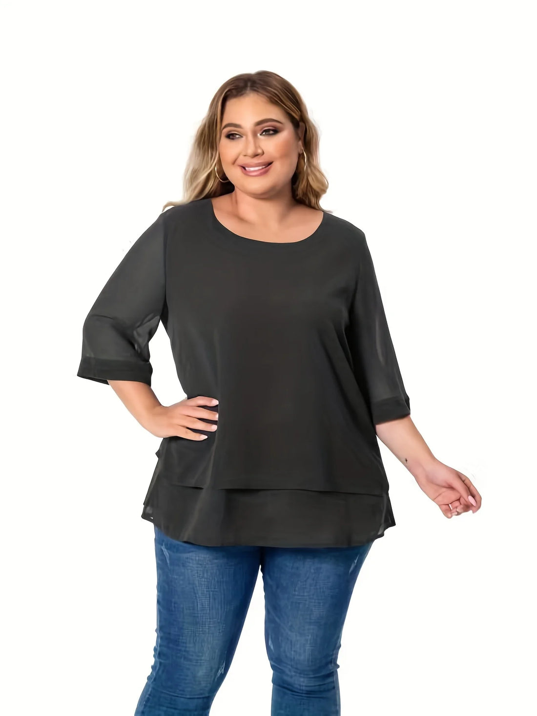Plus Size Double Layer Chiffon Top – Three-Quarter Sleeve Round Neck