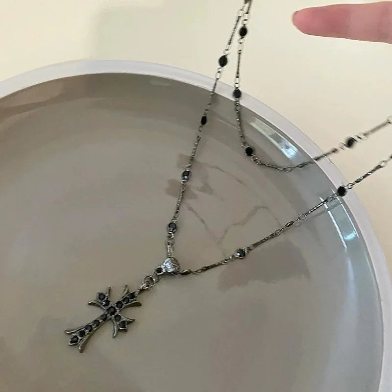 Summer Black Rhinestone Cross Jesus Pendant Choker Necklace