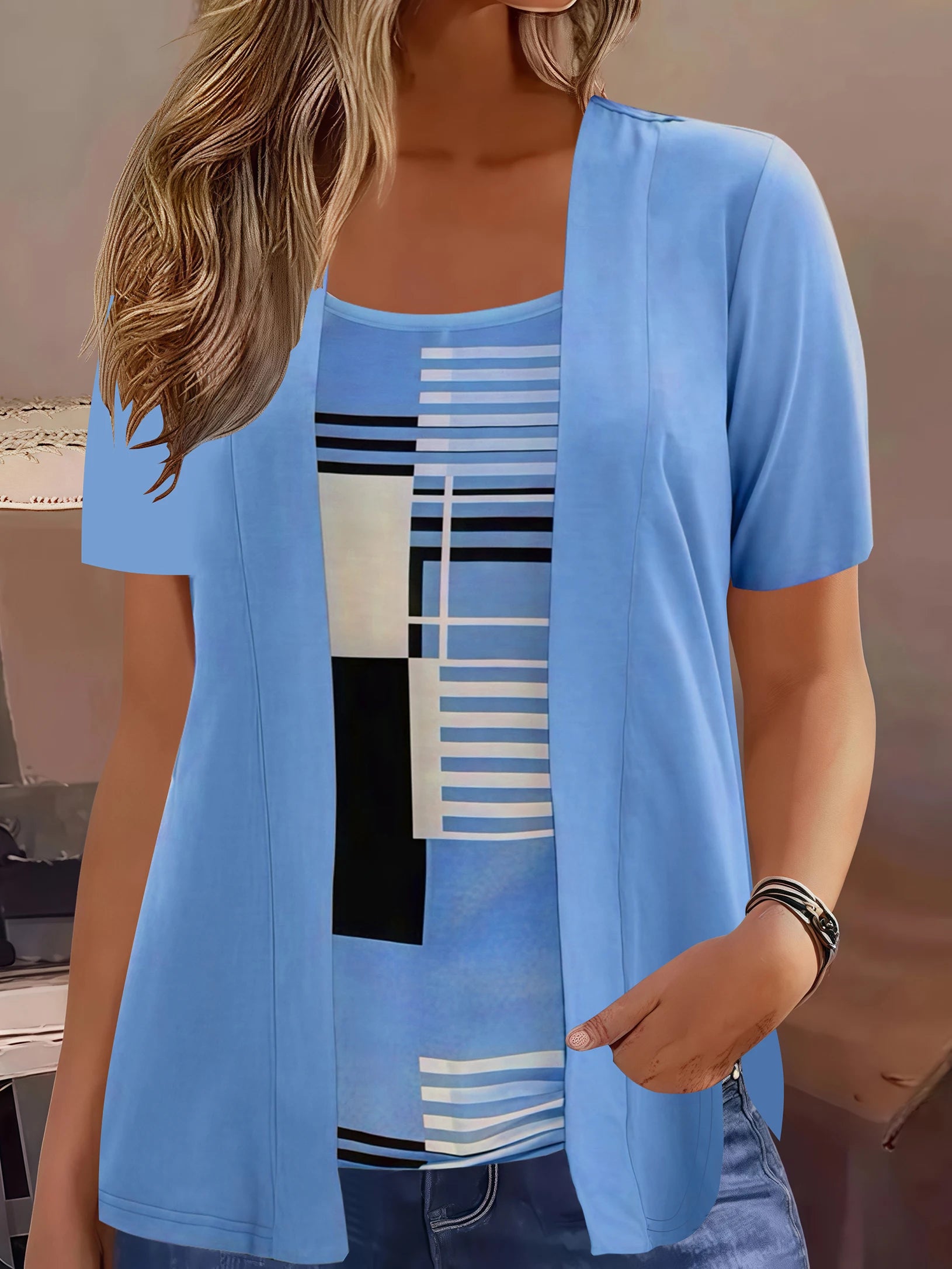 Plus Size Geometric Print T-Shirt – Summer Casual Patchwork Top