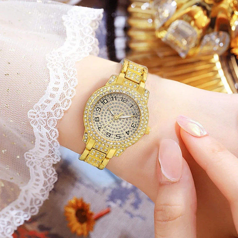 Luxury Women’s Gold Watch – Fashion Quartz Diamond Bracelet Wristwatch Set
