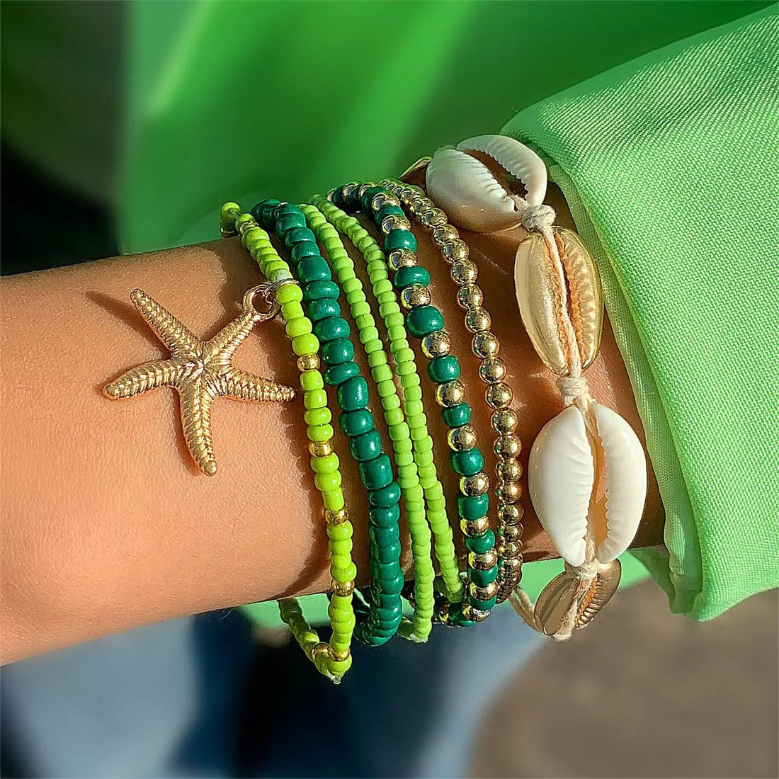 7Pcs Boho Starfish & Shell Beaded Bracelet Set for Women