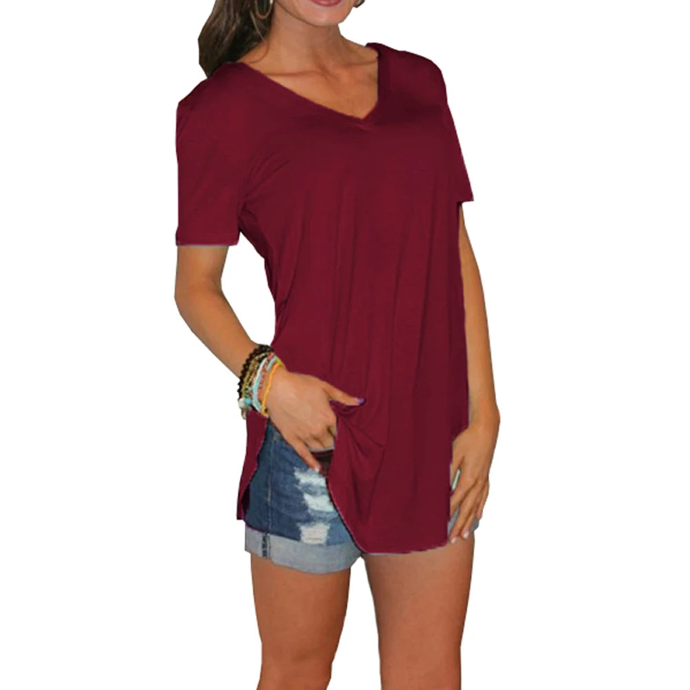 Women’s Summer Solid Color V-Neck Blouse
