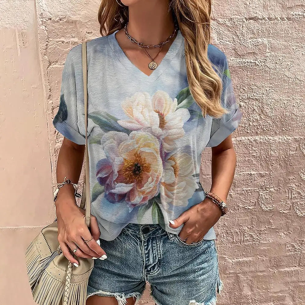 Women’s Summer Flower Print V-Neck T-Shirt