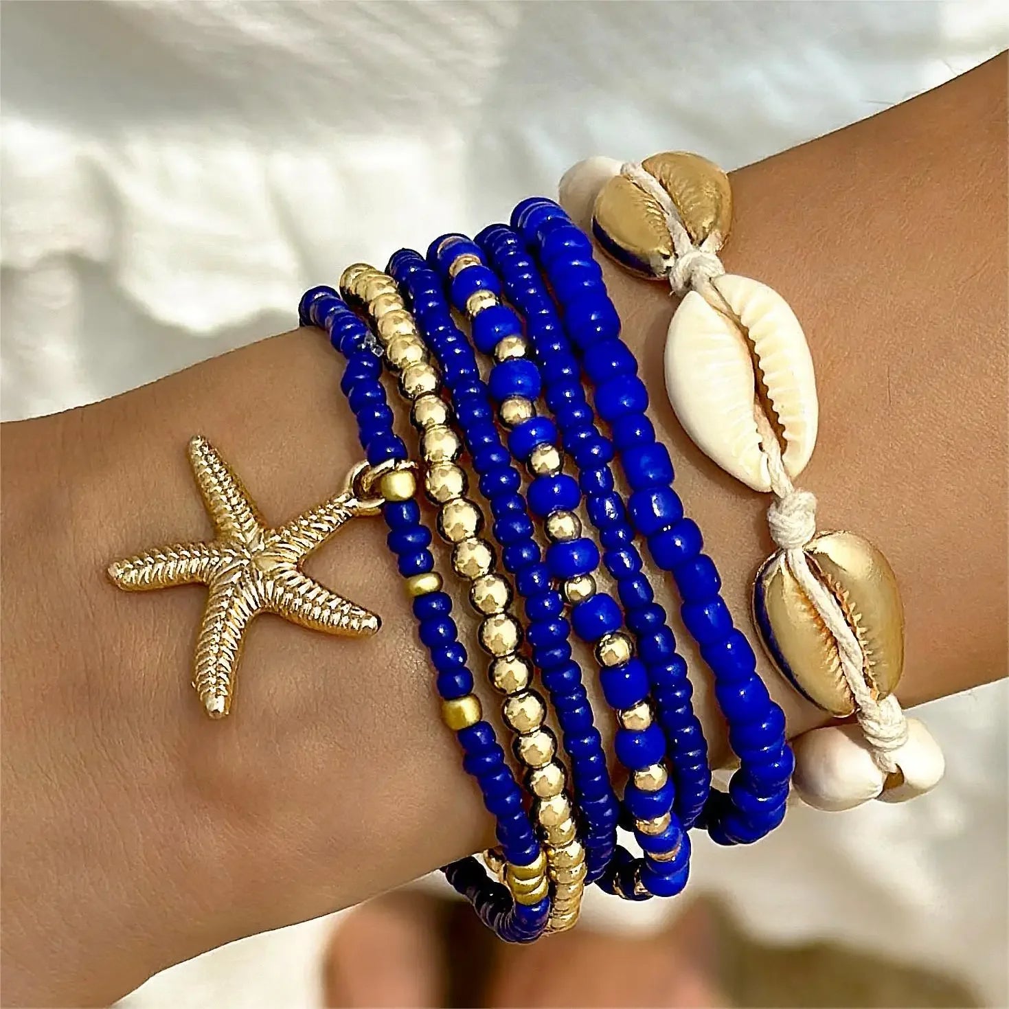 7Pcs Boho Starfish & Shell Beaded Bracelet Set for Women