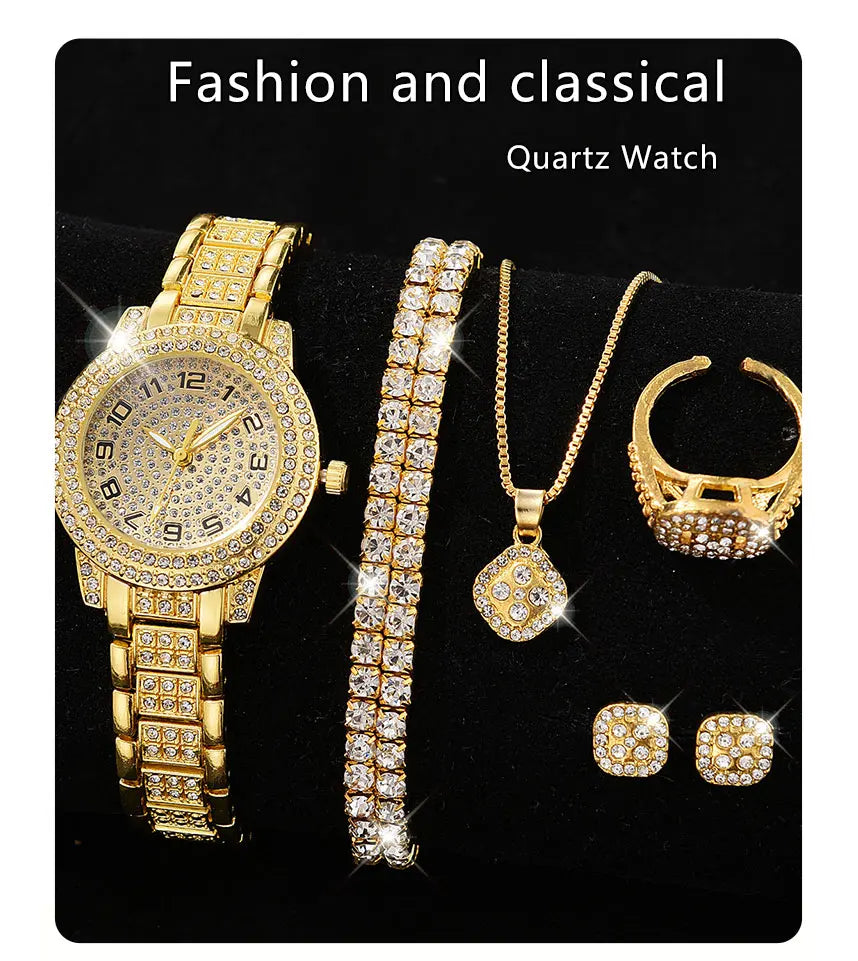 Luxury Women’s Gold Watch – Fashion Quartz Diamond Bracelet Wristwatch Set