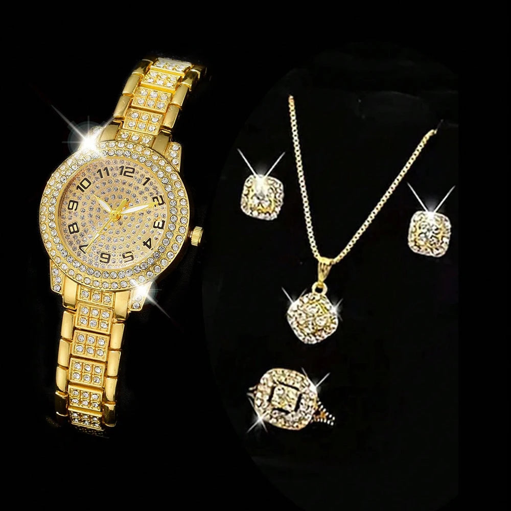 Luxury Women’s Gold Watch – Fashion Quartz Diamond Bracelet Wristwatch Set