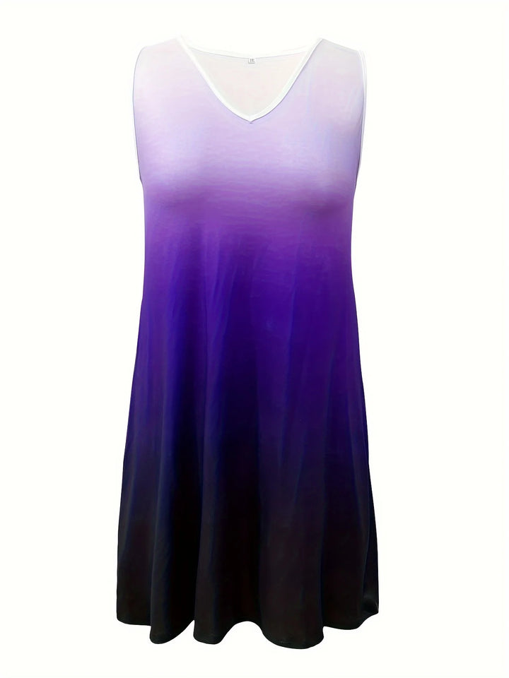 Plus Size Gradient Print Tank Dress – Sleeveless V-Neck Summer Outfit