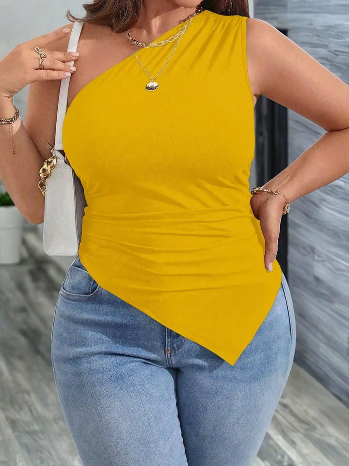Plus Size One-Shoulder Tank Top – Solid Ruched Asymmetrical Hem Sleeveless Blouse