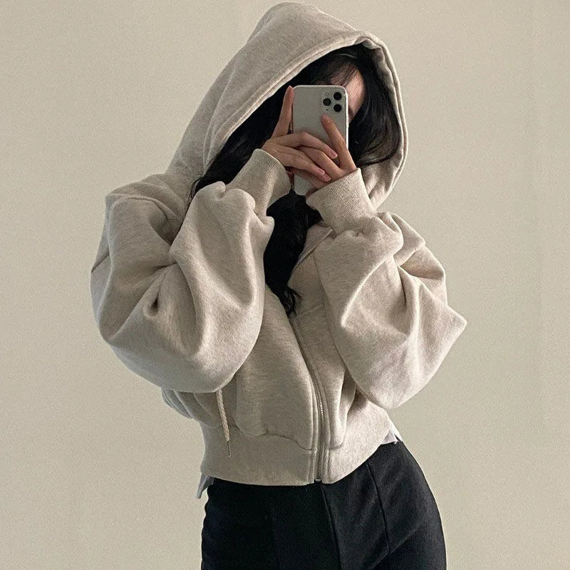 Women’s Zip Up Hoodie – Autumn Winter Casual Streetwear Crop Sweatshirt