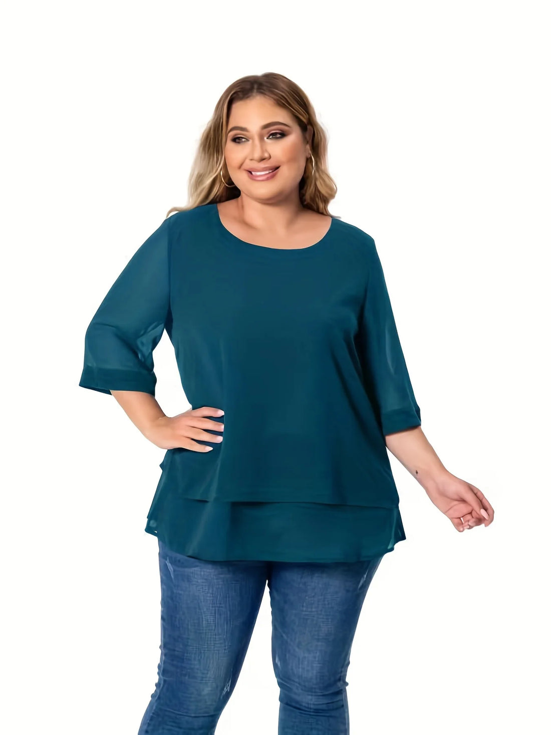 Plus Size Double Layer Chiffon Top – Three-Quarter Sleeve Round Neck