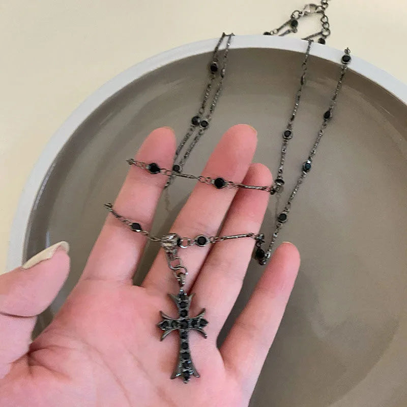 Summer Black Rhinestone Cross Jesus Pendant Choker Necklace