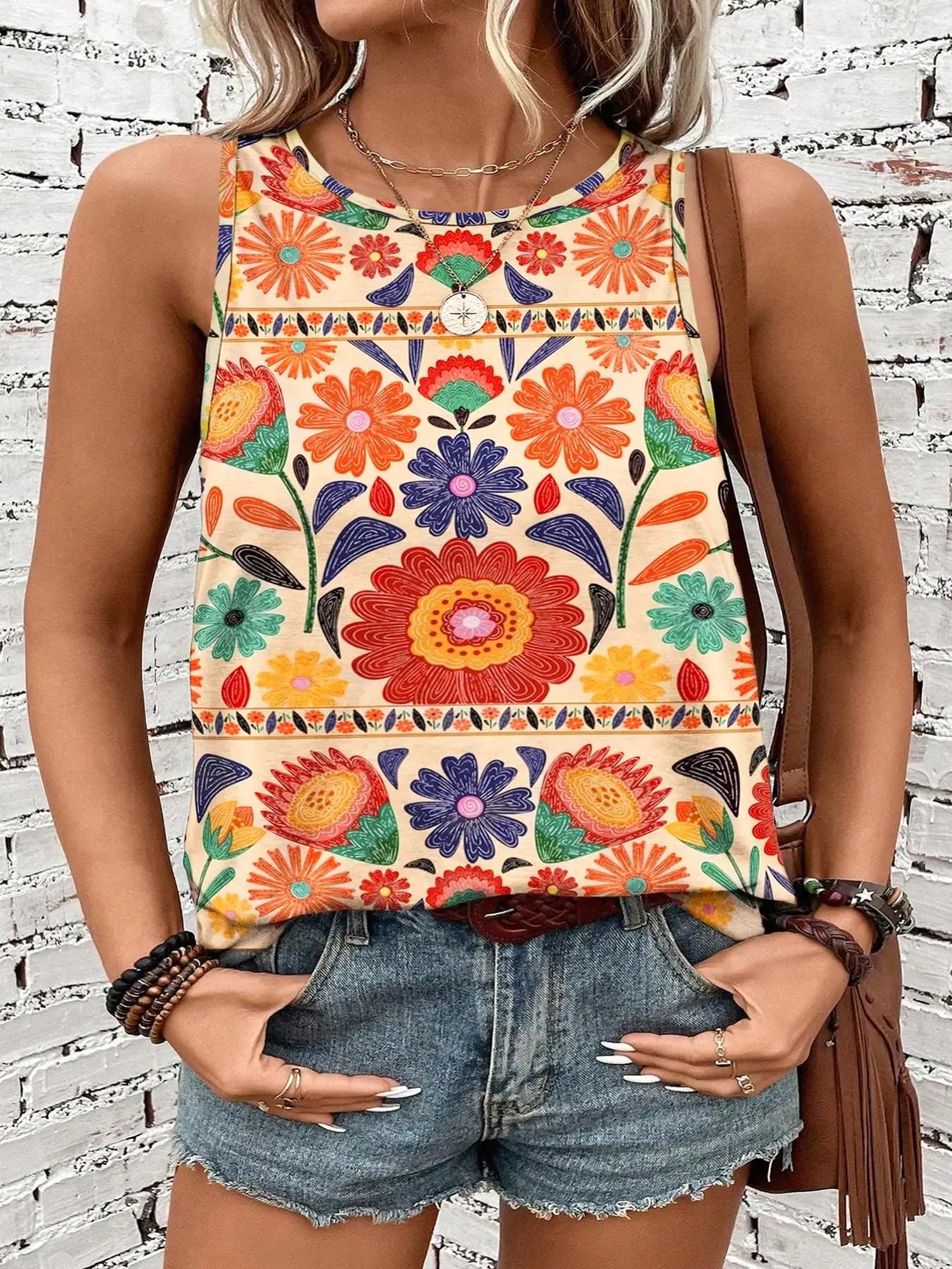 Plus Size Floral Print Tank Top – Sleeveless Bohemian Summer Blouse