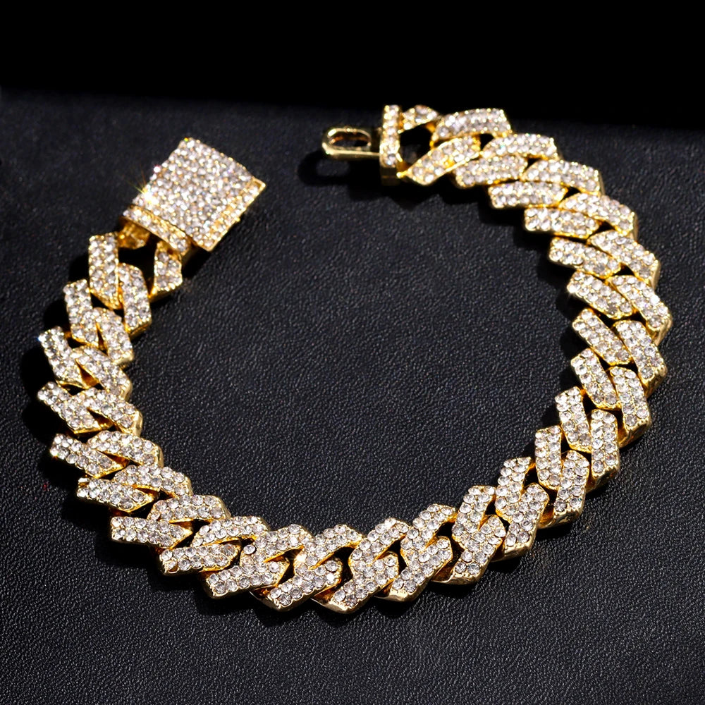 Gold Cuban Link Chain – 2-Row Rhinestone Prong Necklace for Men & Women