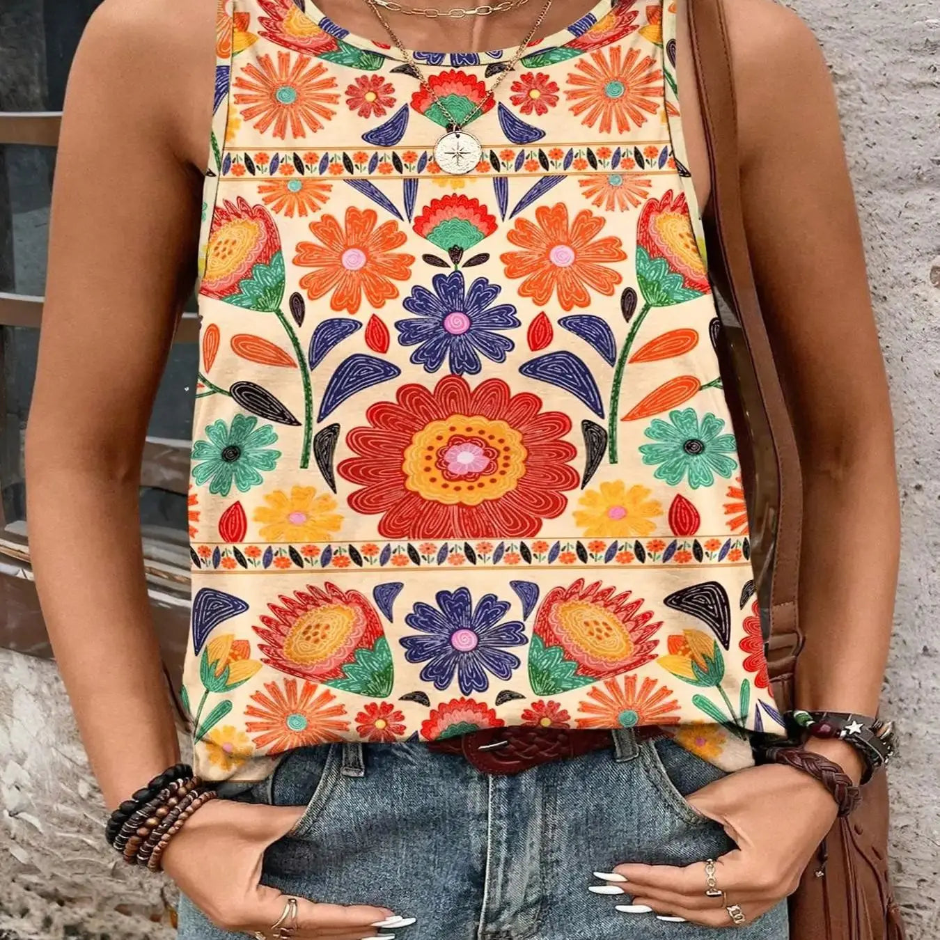 Plus Size Floral Print Tank Top – Sleeveless Bohemian Summer Blouse