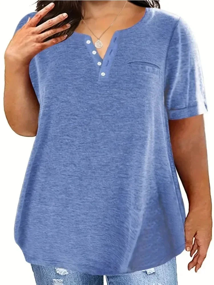 Plus Size V-Neck Pocket T-Shirt – Casual Loose Fit Short Sleeve Top